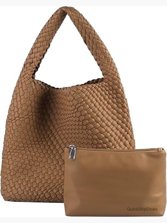Handbags - Hand Woven Vegan Leather Tote Bag Shoulder Bag With Purse